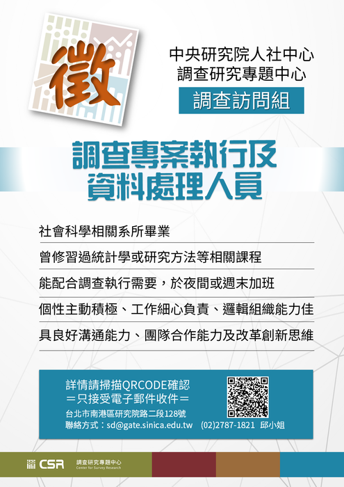 【徵才】中央研究院人社中心調查研究專題中心徵調查專案執行及資料處理人員2名(2020.10.30截止)圖片