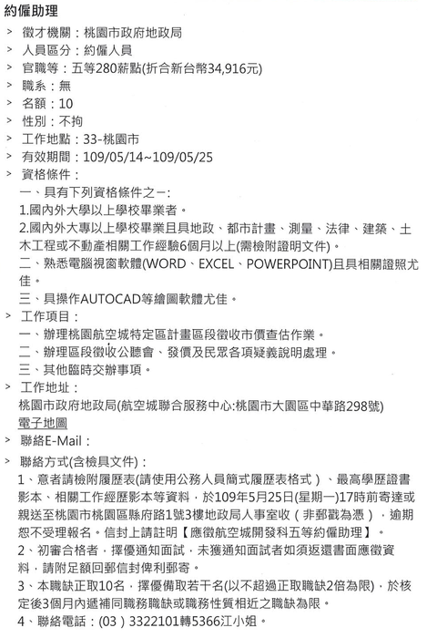 【徵才】 桃園市政府地政局徵求約僱助理共10名(5/25止)圖片