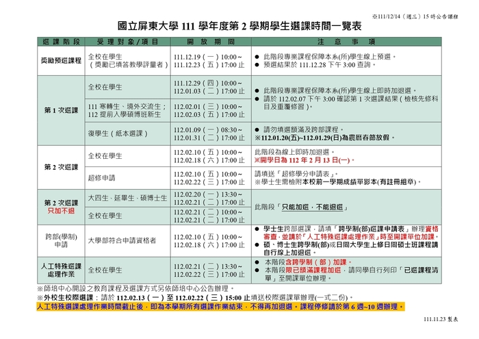 【選課】111學年度第2學期選課時程表圖片